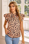 Leopard Print Fly Out Sleeve Bowknot Neck Top