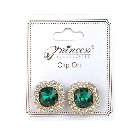 Rhinestone Clip On Earrings - Emerald Green